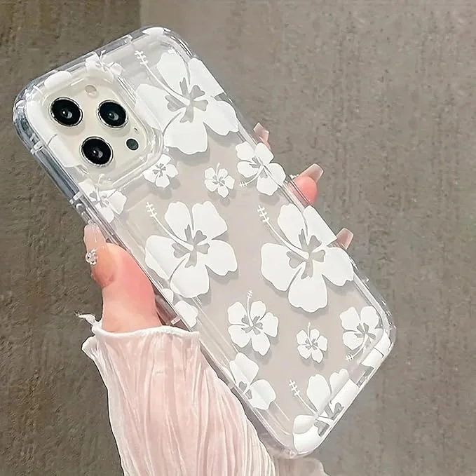 Laudtec Cute Hibiscus Flower Print Clear Aesthetic Design Phone Case for iPhone 15 pro max Summer Floral Shockproof Cover Case