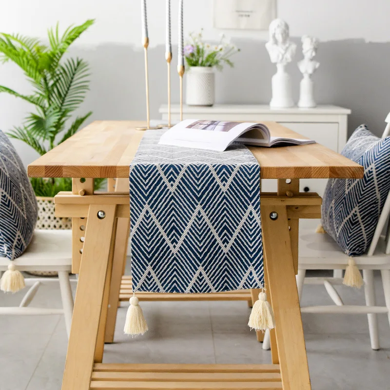 Cheap Minimalist Boho Style Cotton Polyester Blend Navy Blue Table Runner for Kitchen Table Decoration