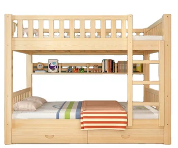 Two-story bunk wooden bed in adult dormitory for children