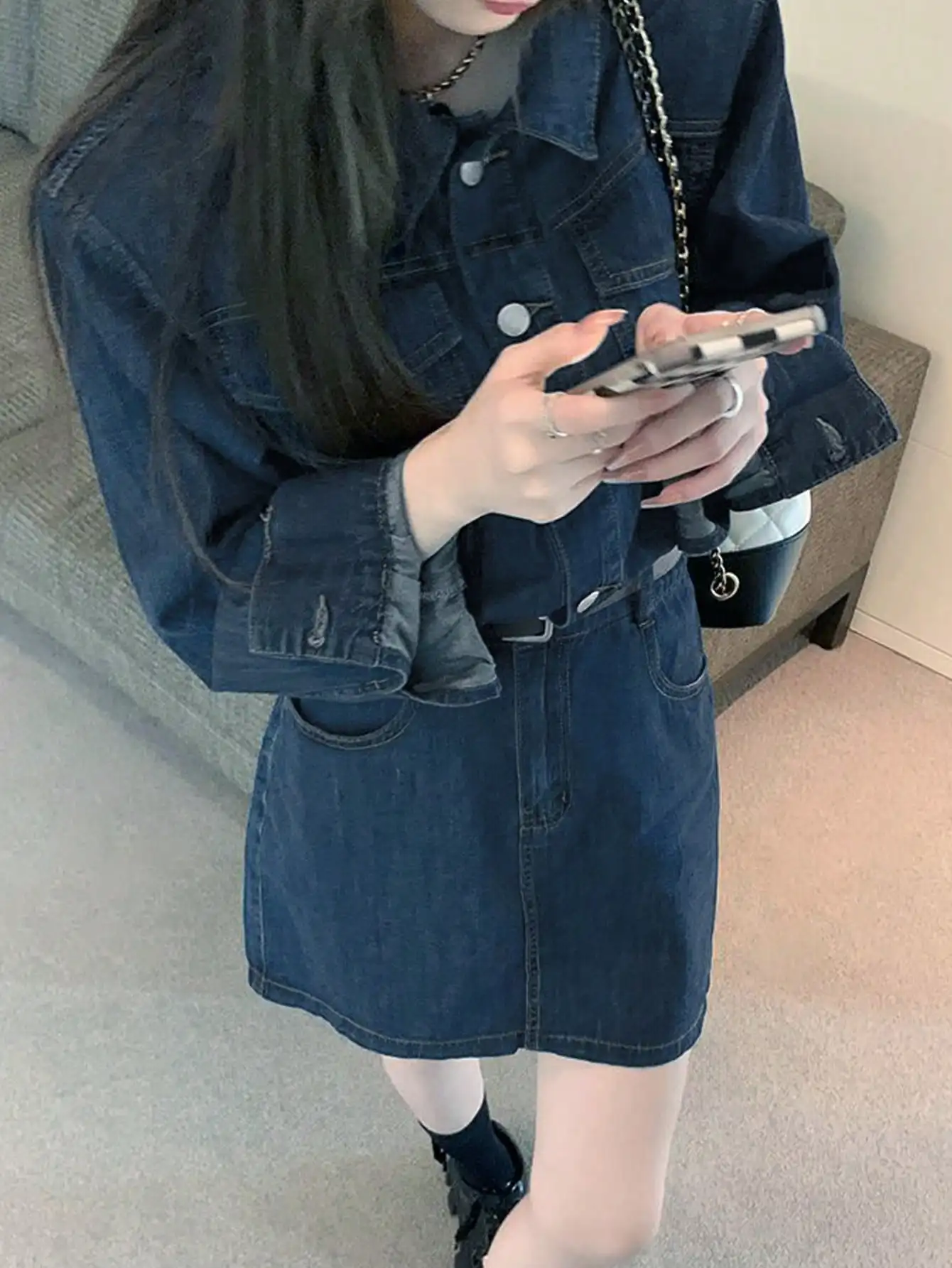 korean simple denim dress BXCNCKD Summer Denim Dress Korean Style Fashion Waist Slim Short-Sleeved Denim Dress (Dark Blue, S) at Amazon Women's Clothing store