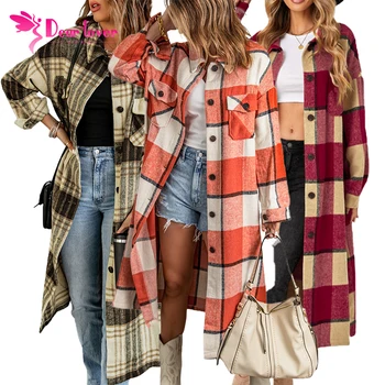 2022 Fashion Winter Outwear Women Clothing Pocketed Grid Pattern Overcoat Knit Cardigan Long Trench Coat