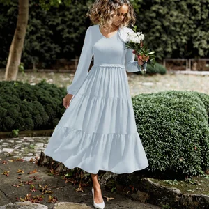 Sexy Summer Casual Long Sleeve Smocked Anti-Static Loose Waist Ruffle Tiered Knee-Length Dress