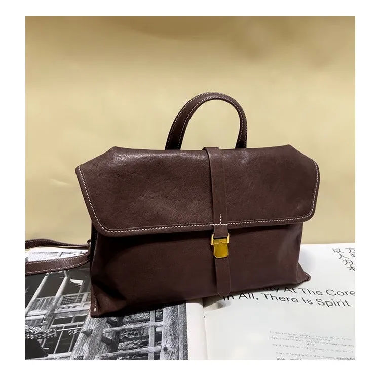 Top-grain Leather Vintage Messenger Bag Best-selling Genuine Leather Womens Niche Shoulder Crossbody Bag Large-capacity