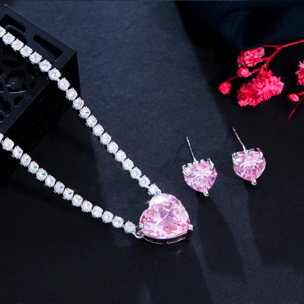 Shop Our Trendy Pink Prom Jewelry Sets with Heart-Shaped CZ