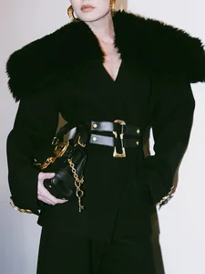 Boutique New Women's Black Blazer with Detachable Fur Collar Double Belted Waist - Slim-Fit Long-Sleeve Stylish Office Coat