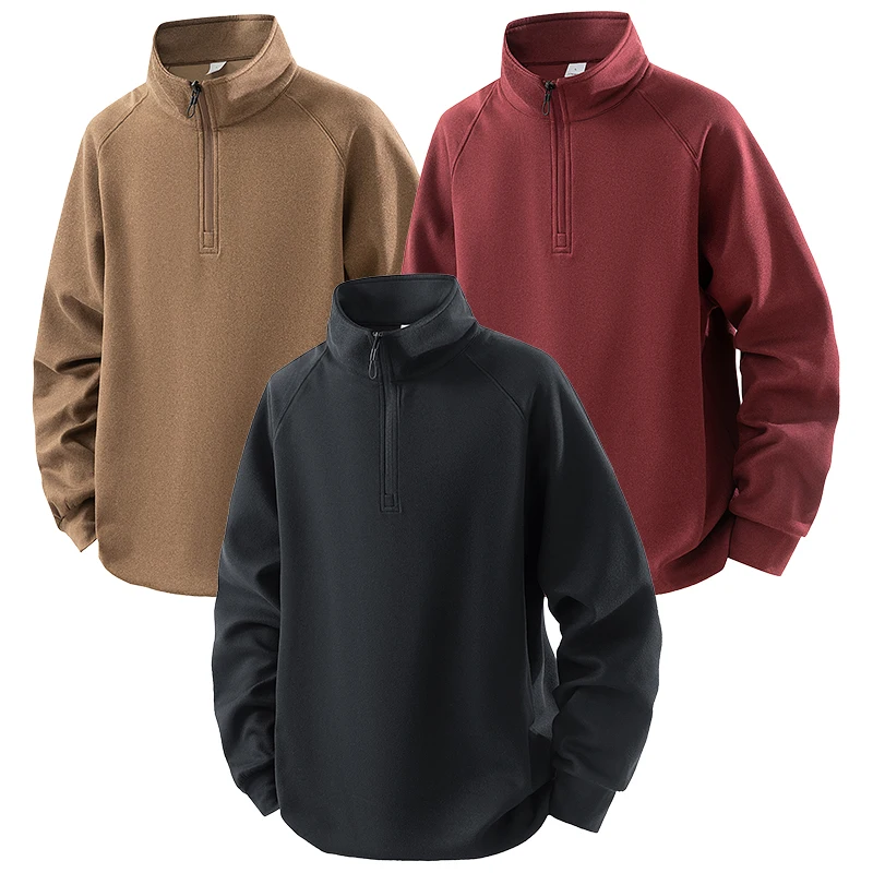 Double-sided fleece-lined pullover sweatshirt with stand collar, 1/4 zipper, long-sleeved sweatshirt.