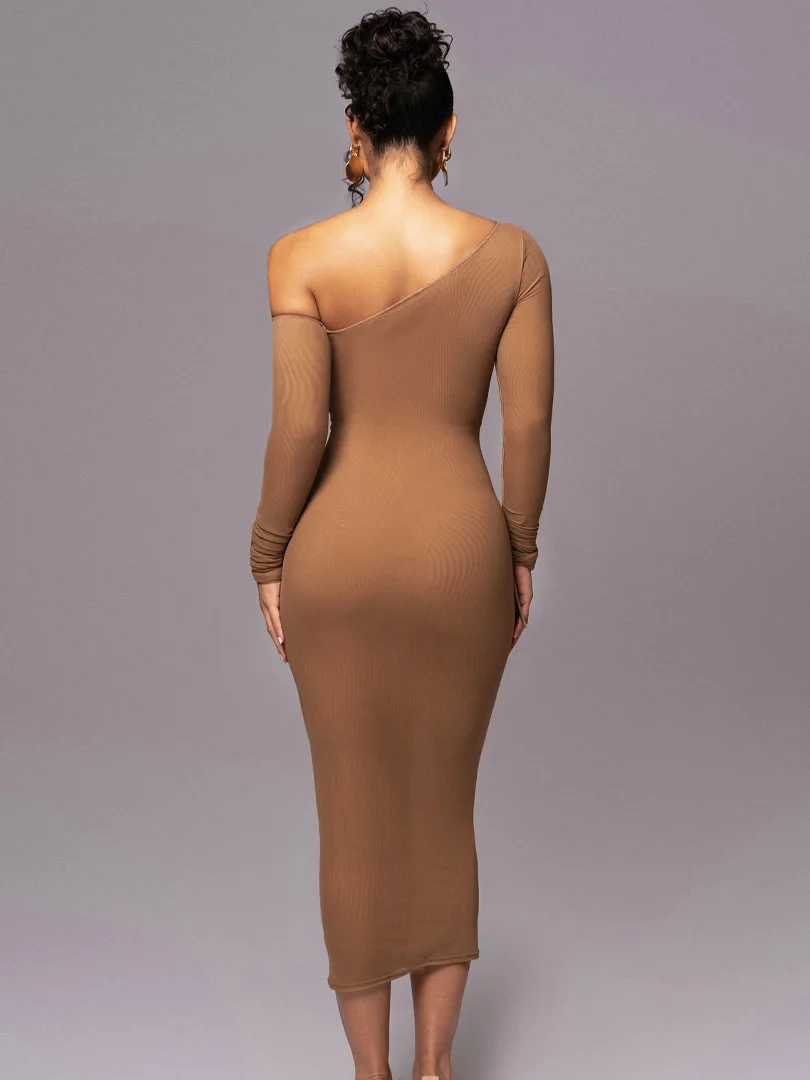 RedPeony Women Two Layer Mesh Backless Ruched Bodycon Club Party Sexy Long Dress Diagonal Collar Long Sleeve Midi Dress