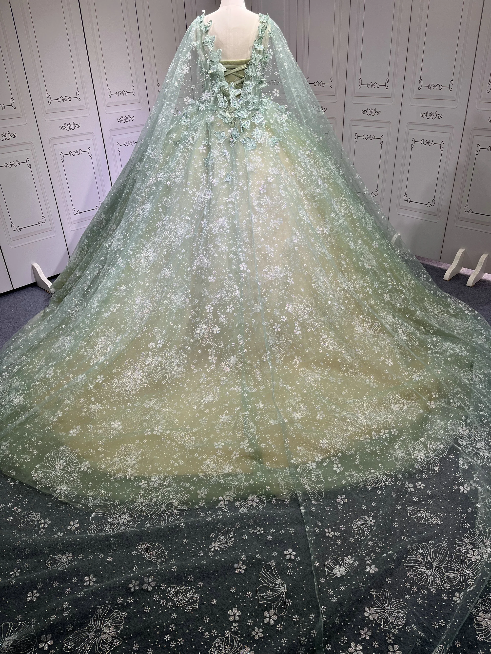 green quince dress with cape 3D Floral Cape Sleeve Quinceanera Dress by Fiesta Gowns 56500 2 / Champagne Multi