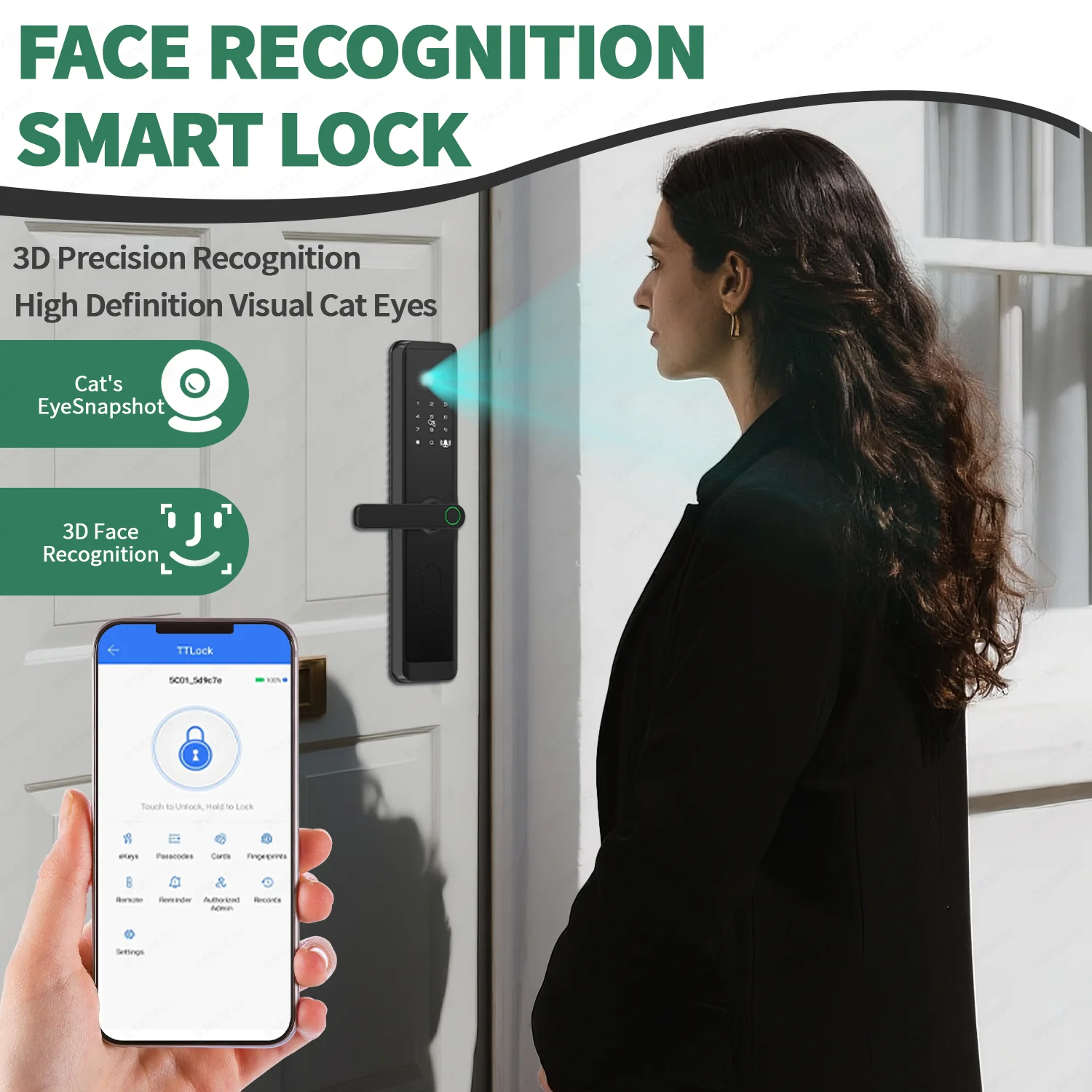 TTlock APP Remote Control Elegant Black Wooden Door Lock with Fingerprint Touch WiFi Network & Cloud Data Storage Options