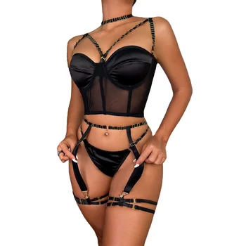 Summer Women's Sexy Halter String Buckle High-End Mesh Stitching Back Breasted With Leg Ring Underwear