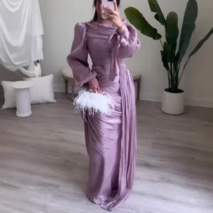 Bettergirl Middle Eastern 2026 Ramadan Hot-selling Fashion Slim purple Long Dress Pleat Mesh Long Sleeve Elegant Evening Dress