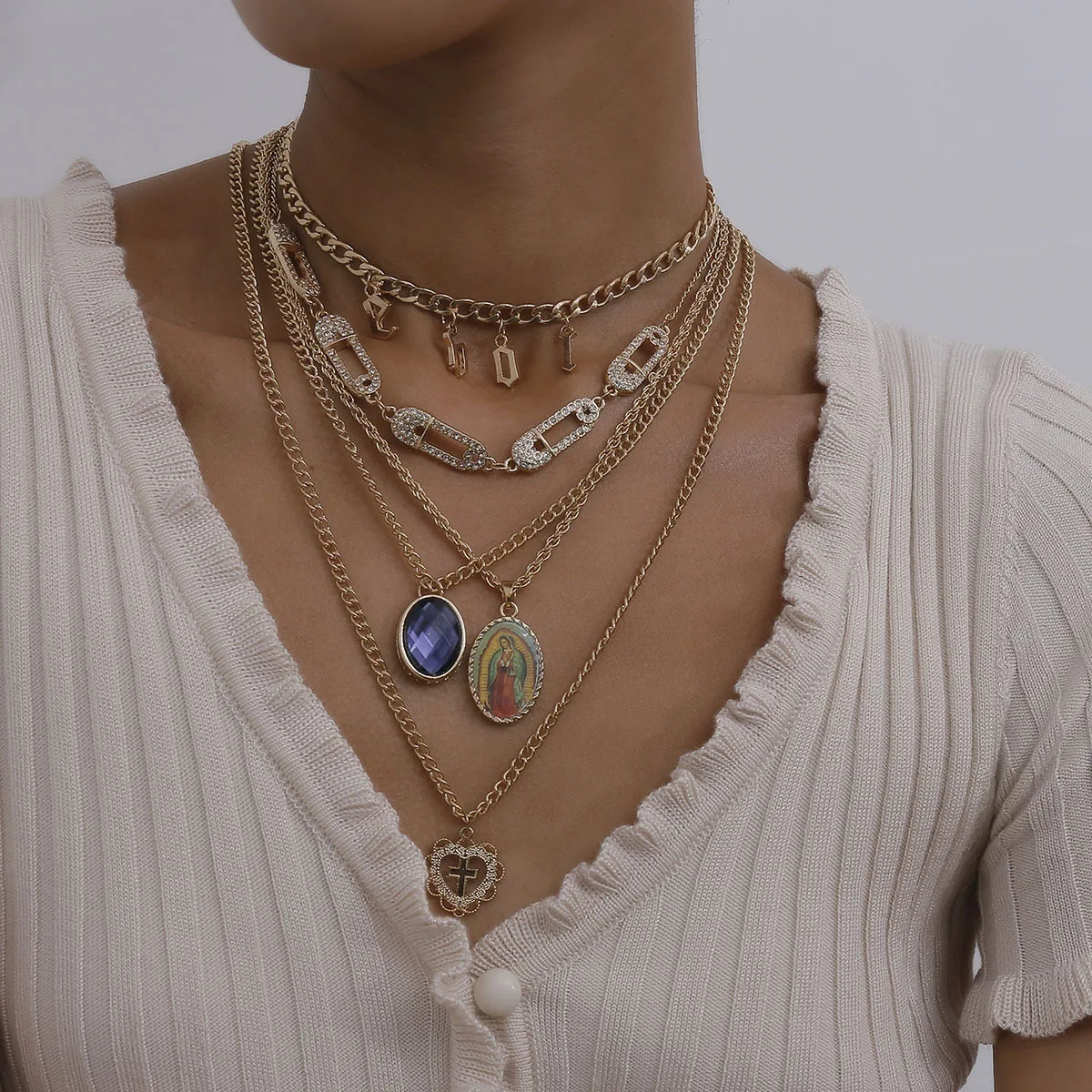 New Ins Trend Multi Layer Gold Necklace Set Hot Pin Diamond Clavicle Chain love Cross Virgin Mary Pendant Gem Necklace Jewelry