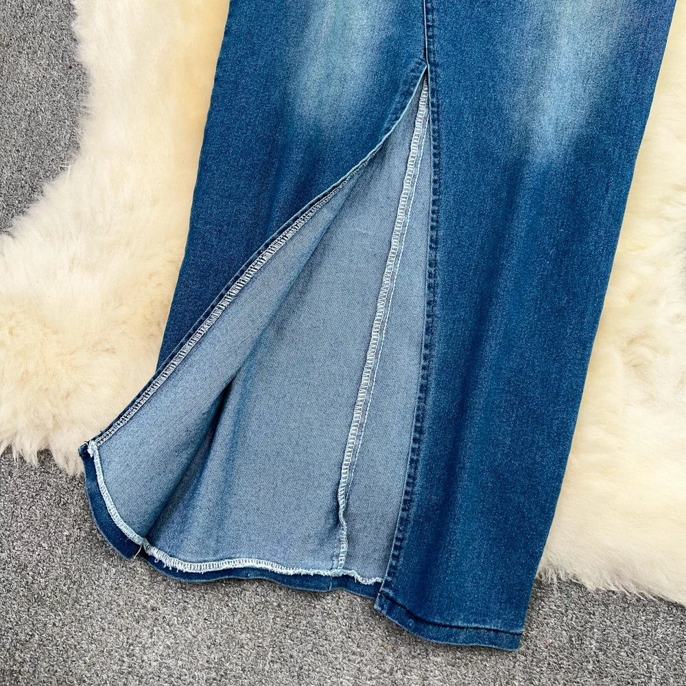 Wholesale One-Word Tube Top Denim Dress Sexy Slim Slit Retro Bag Hip Dress Korean Street Style Dress