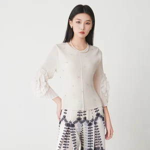 2025 Autumn New Women's Elegant Tops Design Sense Nail Diamond Fashion Miyake Pleated Long-sleeved Shirt