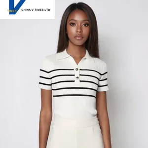 China v-times Women's 2026 Summer New Elegant Slim Fit Striped Short Sleeve Knitted Polo Shirt Casual Style Knee Fashionable
