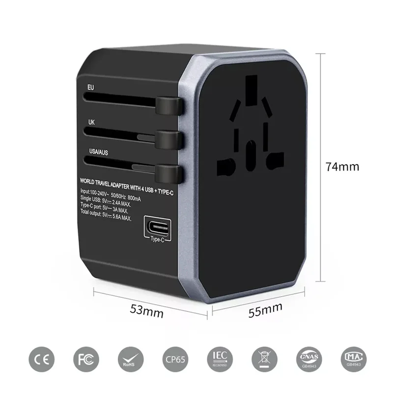 Smart Travel Adapter International Plug Adaptor Wall USB Type C Charger AC Power for USA EU UK AU US