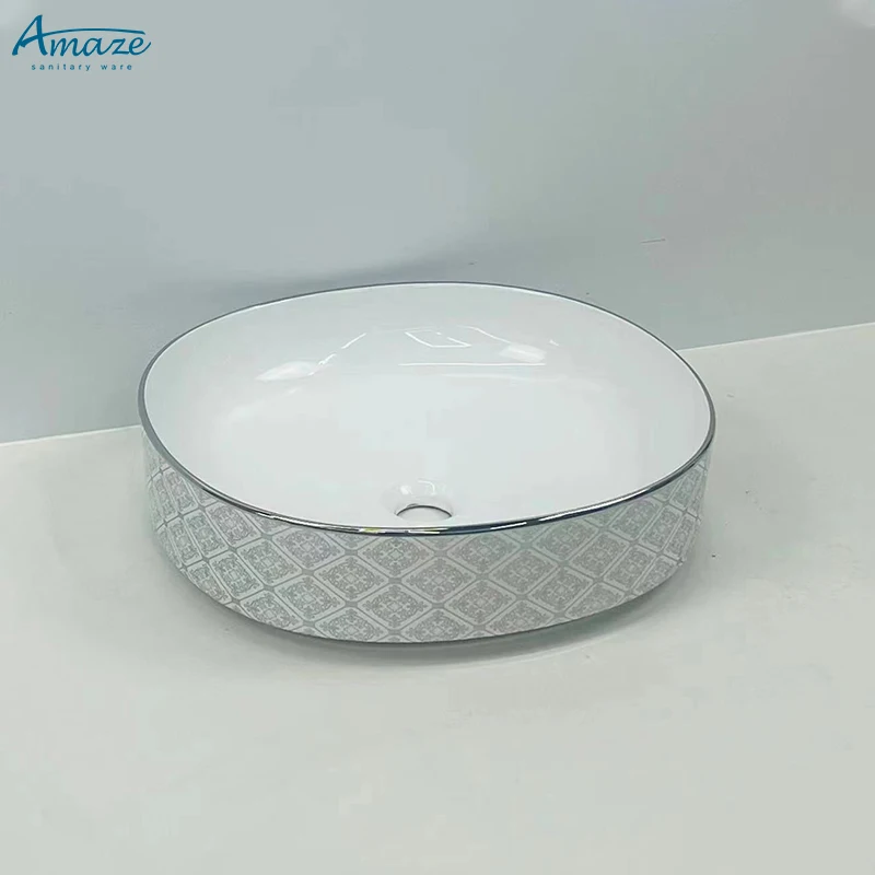 Good quality washroom wc sanitary ware white gold plating pattern ceramic lavabo counter top wash basin sink supplier