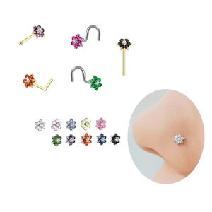 Women's Fashion Stainless Steel Nose Stud Rings L-Shaped Zircon Flower Piercing With Gold Plating Body Jewelry
