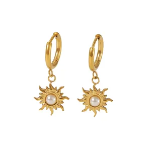 Sun Flower Shape Hoop Earrings Stainless Steel Fashion Jewelry Vintage Drop Earrings