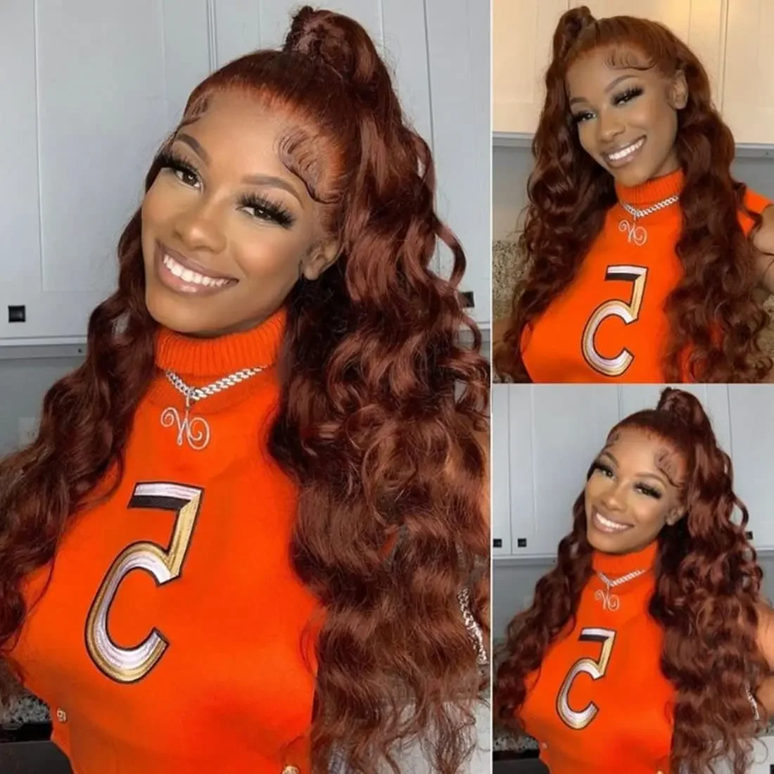 Rötlich Braune Body Wave Echthaar Lace Front Perücke Glueless_voghion.com