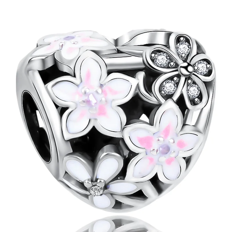 Hot Sale 925 Silver Heart Magnolia Flower Charm for Base Bracelet
