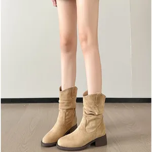 Women's Retro  Western Cowboy Bunch Boots Pleated Large Shaft Slip-On Breathable Height Increasing Winter Classic Korean