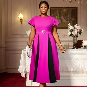 AM050507 Elegant Contrast Color Short Ruffles Sleeve a Line Rose Plus Size Formal Midi Women's Casual Dress with Belt