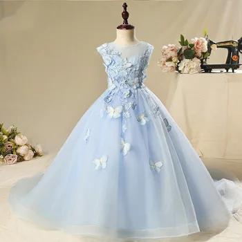 New Girls' Butterfly Embroidery Dress Trail Wedding Dress Flower Girl Dress Blue Flower Mesh Poncho Skirt
