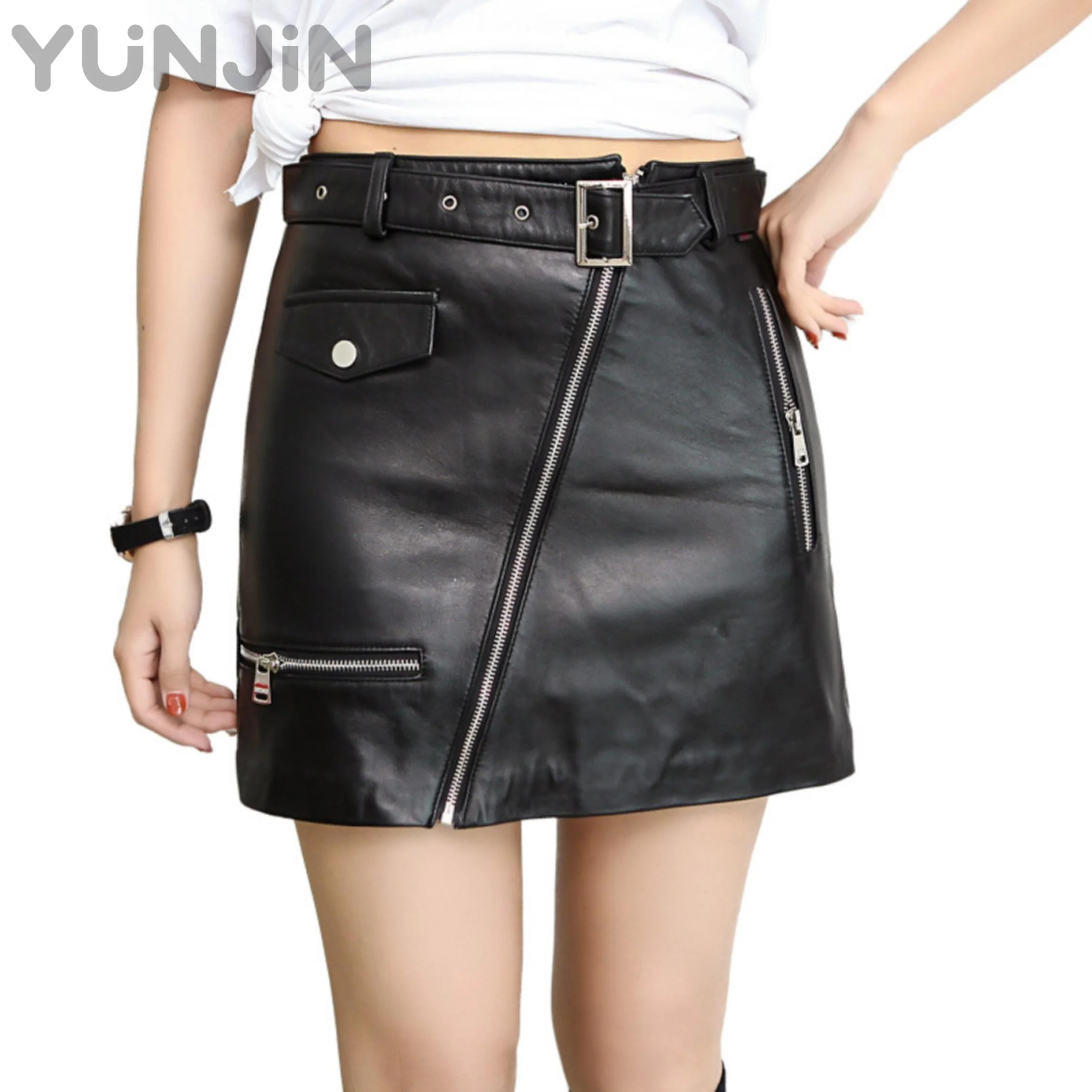 Women Genuine Sheep Leather Skirt High Waist Biker