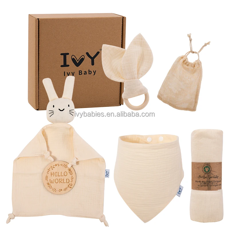 Baby Gift Set Organic Cotton Muslin Bunny Comforter Toy Wooden Milestone Card Matching Bib Newborn Shower Box Baby Essentials factory