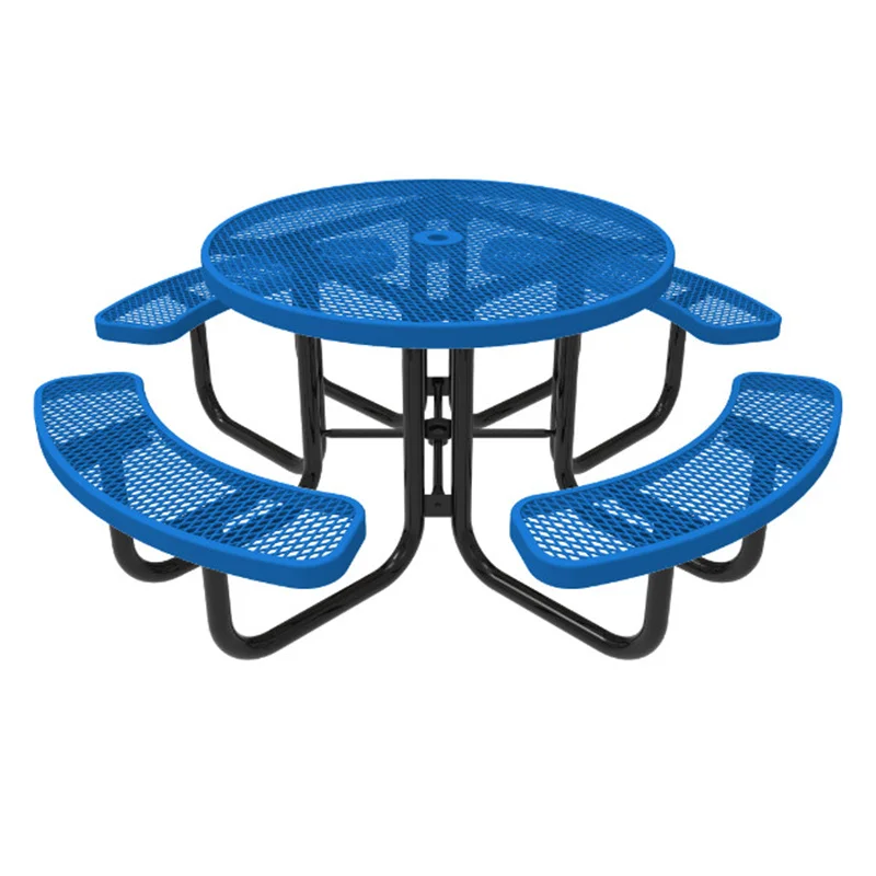 Outdoor Heavy Duty Expanded Metal Round Commercial Picnic Table with Benches Outside Patio Furniture Steel Dining Table Chair
