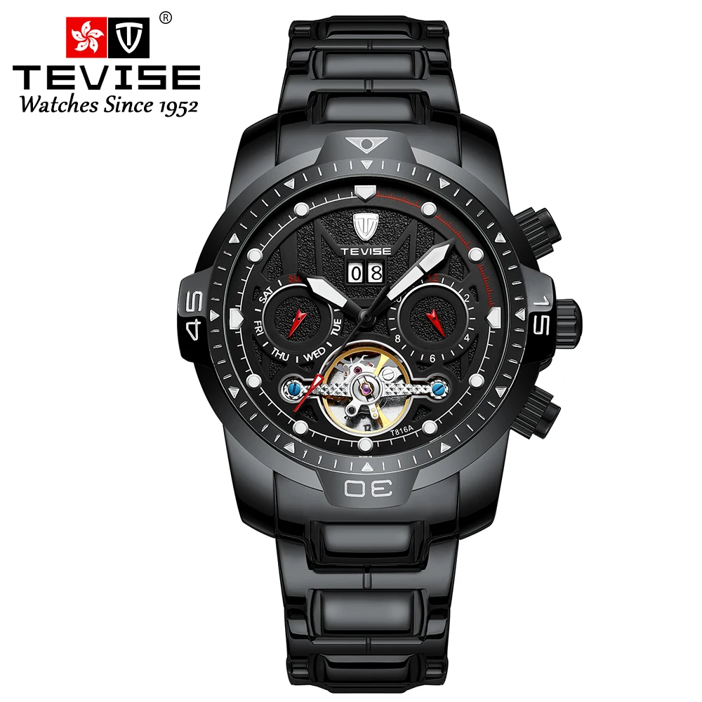 Tevise Calendar Auto Date Waterproof Multiple Time Zone Mens Diver Sport Multifunction Watch