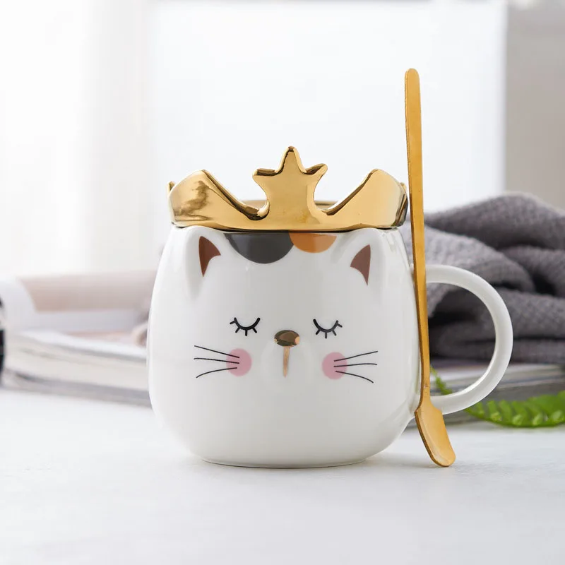 Creative Crown Cute Cat with Lid and Spoon Coffee Cup High Temperature Ceramic Mug
