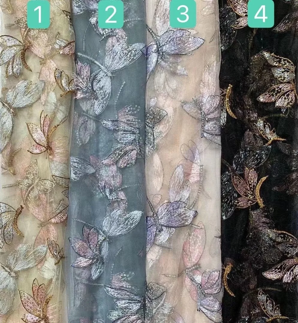 Fancy Embroidered Dragonfly Pattern Sequins Lace Tulle Fabric LT21193