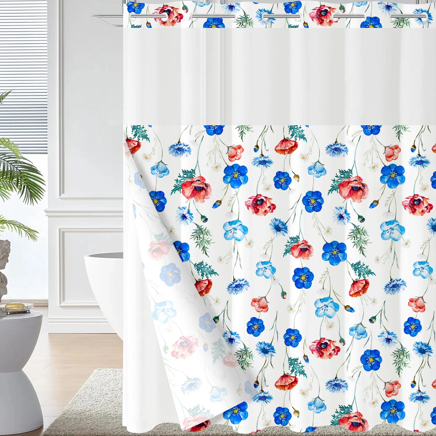 Цветочная занавеска без крючков с цветами и растениями водонепроницаемая для ванной комнаты крючка