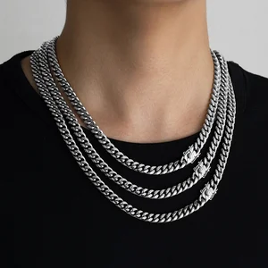 Polished Stainless Steel Fine Cuban Link Chains Necklace Dragon Whisker Clasp Bracelet Men's Women's Trendy Pearl Made in China