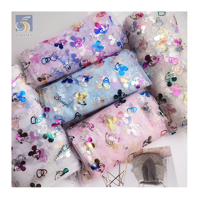 American Amusement Park Design Fabric Polyester Colorful Foil Printed Mickey Mouse Tulle Fabric for Girl Skirt