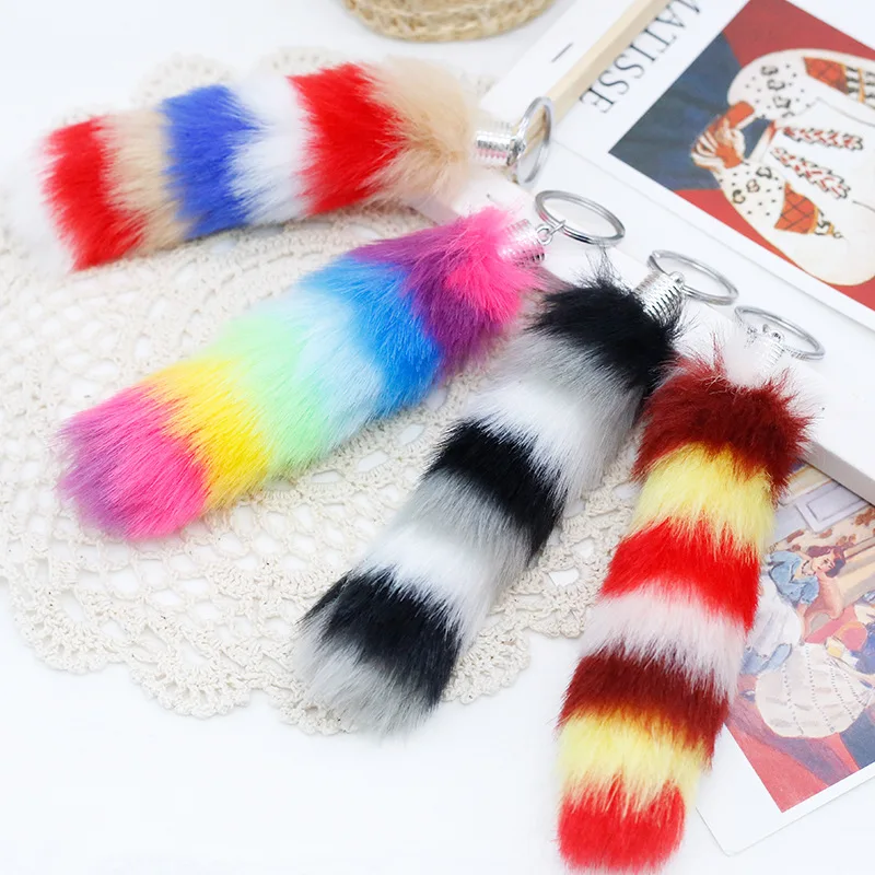 Assorted Color Faux Lucky Rabbit's Foot Key Chains  Plush Multi-color Rainbow Rabbit Foot Keychain Key Rings Handbag Charms