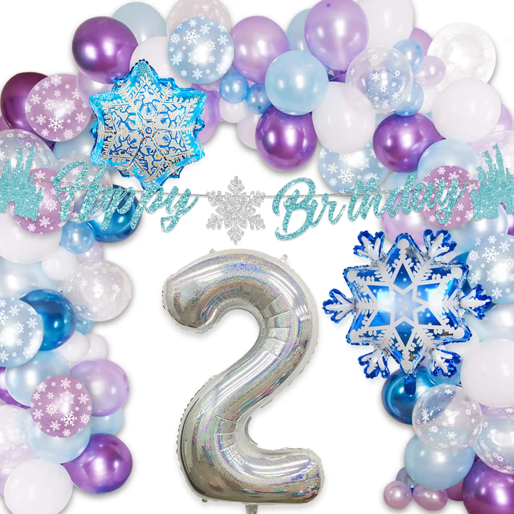 Décoration Ballons Fête Anniversaire Hiver - Ballon Chiffre + Flocons Neige - Thème Princesse, Pays Des Neiges - Film Aluminium Réutilisable
