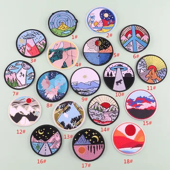 hot sale 7.5cm different natural landscape pattern iron on embroidered round patches badge