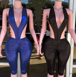 Viviblook J25ST315 Sexy Women Outfits V-neck Bodysuits High Waist Skinny Cropped Pants 2 Piece Set for Ladies