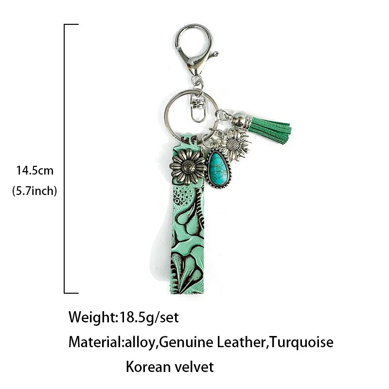 Retro Embossed Turquoise Ox Head Cactus Flower Tassel Western Cowboy Keychains Pu Leather Wristband Keychains for Men Pendant