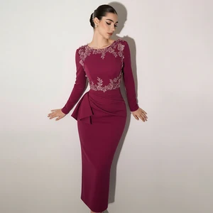 ZYHT 73941 Applique Flower Lace Long Sleeves Spring Crepe Bow Ruched Pleated Pencil Knee Length Women Formal Cocktail Dress