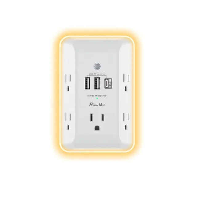 US Wall Outlet Extender Surge Protector 5 AC Outlets Multi Plug Outlet USB-A And USB-C Wall Plug Extender Wall Charger