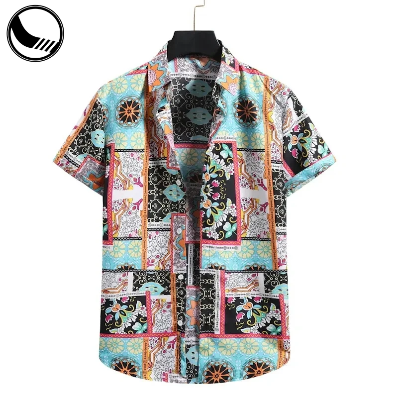 Summer Colorful Flower Men Loose Rayon Short Sleeve Hawaiian Shirt details