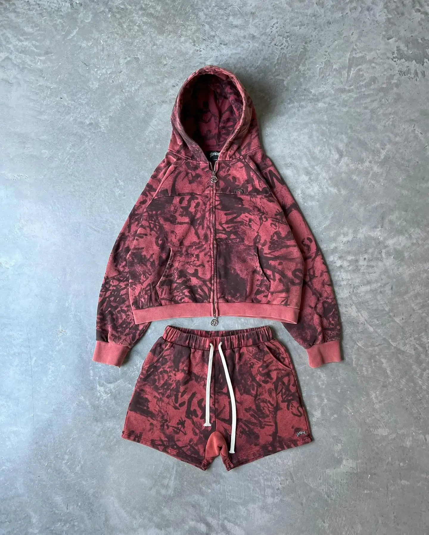Custom Two Piece Cotton Unisex Sweatsuit Jogger Set Gradient Faded Acid Wash Oversized Tracksuits Hoodie and Shorts Sets for Men gallery 8