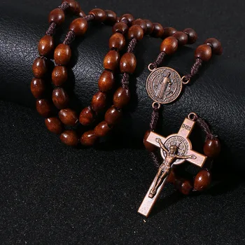 Komi Cheap Wooden Beads Cross Rosary Necklace Jewelry Wholesale