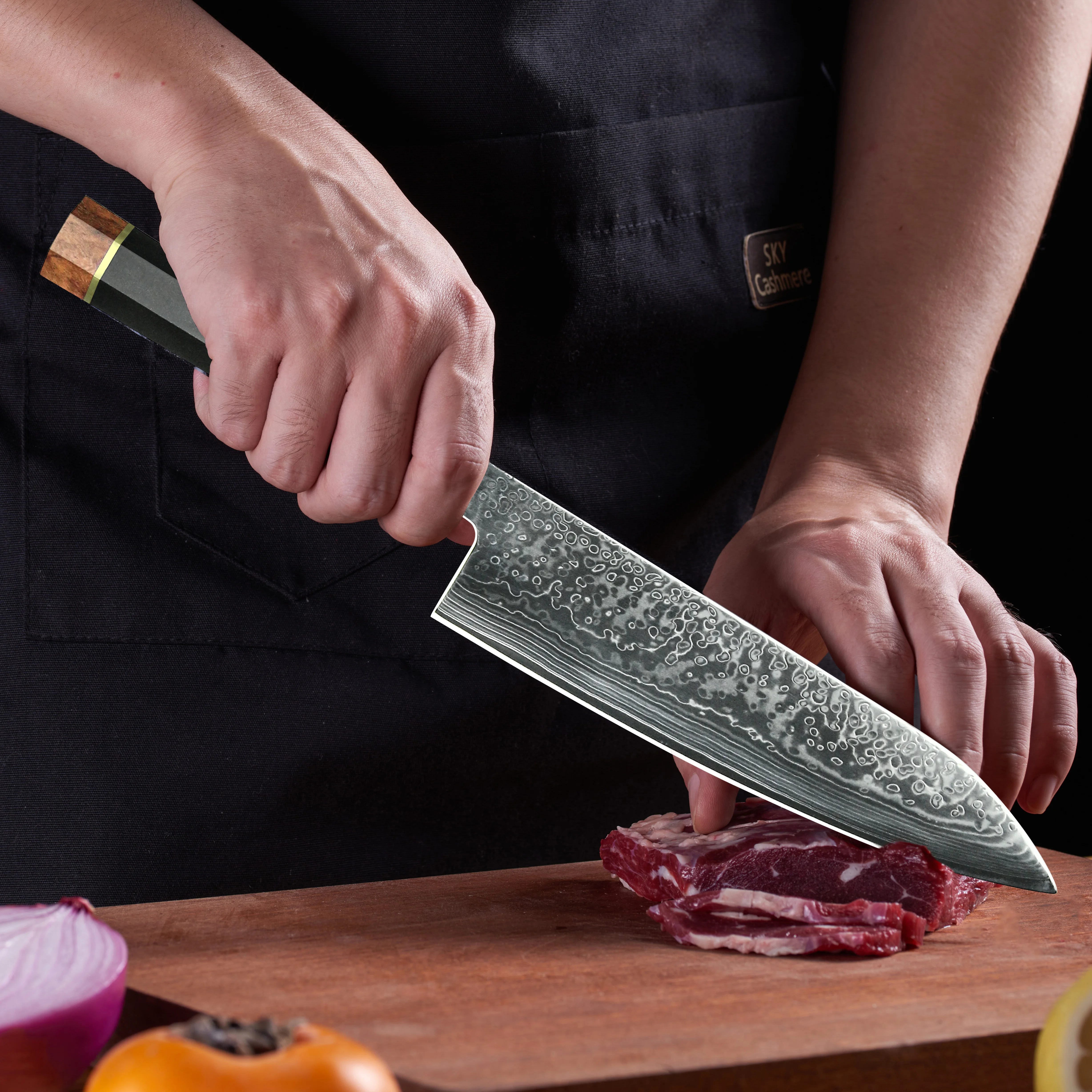 最高品質の日本鋼日立SKD11ダマスカス鋼シェフナイフ木製