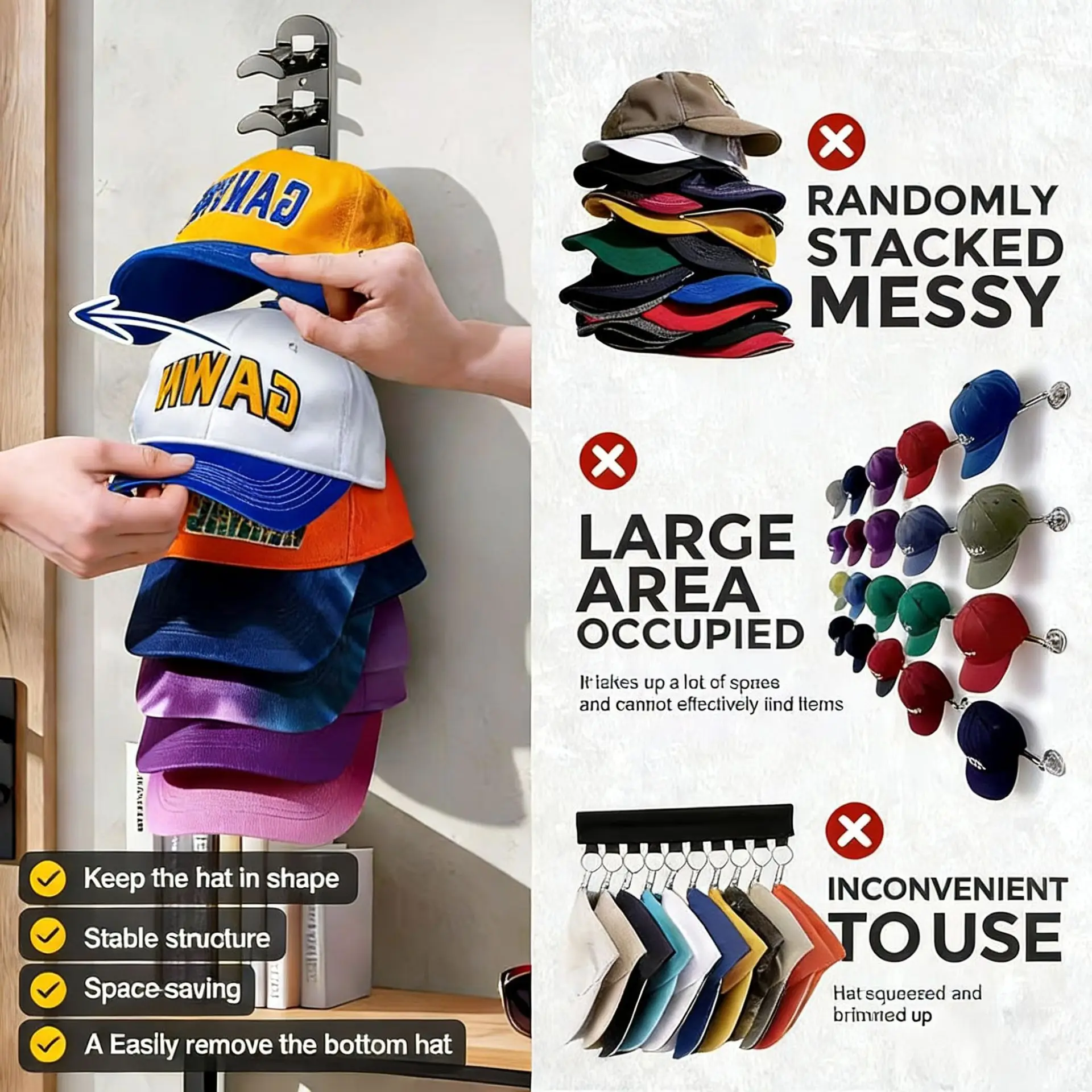 Wall Mounted Baseball Cap Storage Rack Plastic Hat Organizer Cap Display Rack Hat Holder Storage Rack
