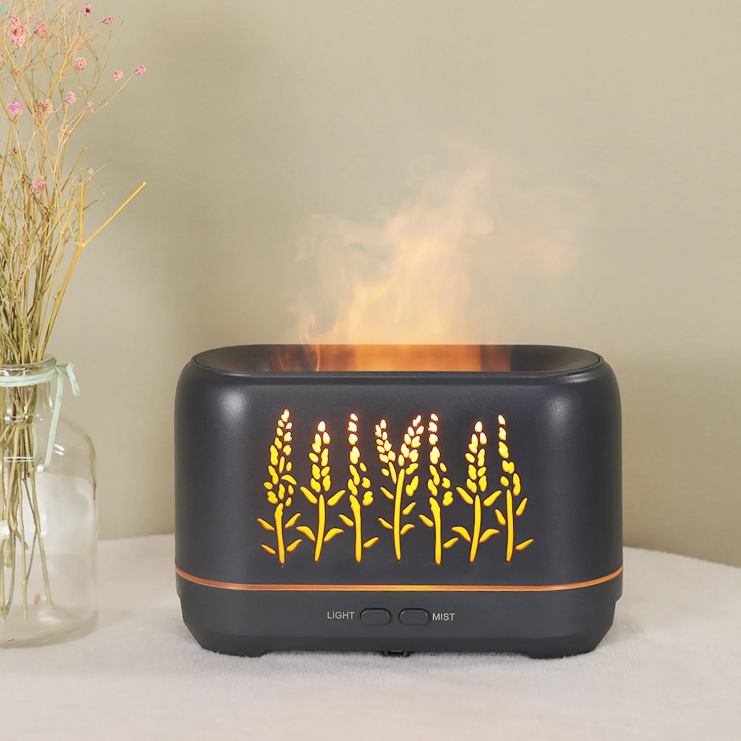 Factory Wholesale Simulated Flame Humidifier Wooden Hollow Volcano Perfume Machine Desk Silent Flame Fumigation Lamp